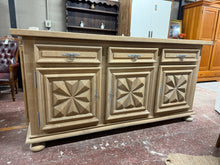 Load image into Gallery viewer, This beautiful oak sideboard has been fully stripped to reveal its natural finish and may benefit from a wax coat for added protection. It offers plenty of storage space with three dovetail joint drawers and three cupboards. It includes its original keys and is set to become the standout feature in any room.

Overall Dimensions

208cm wide x 52cm deep x 104cm high

DELIVERY AVAILABLE      

For our other items see our website https://fossewayfurniture.co.uk

collection from our shop at CV36 4QZ or purchase 
