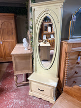 Load image into Gallery viewer, Elegant freestanding mirror in cream with French styling and bevelled detailing. Features a single dovetail-jointed drawer at the base for practical storage. This statement piece shows minor cosmetic wear consistent with authentic vintage character, but remains structurally sound. Perfect for adding timeless sophistication to any bedroom.

Delivery Available

Overall Dimensions

62cm wide x 33cm deep x 188cm high


