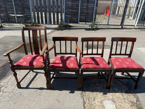This delightful set of 4 oak chairs combines both style and comfort, making them a wonderful addition to any dining area. The set includes 2 elegant carver chairs with armrests and 2 classic upright chairs, offering versatility and seating variety. Crafted from solid oak, each chair is structurally sound and has been well maintained, providing durability that will last for years. 

Delivery Available

Overall Dimensions

Carver approx : 54cm wide x 43cm deep x 82cm high
