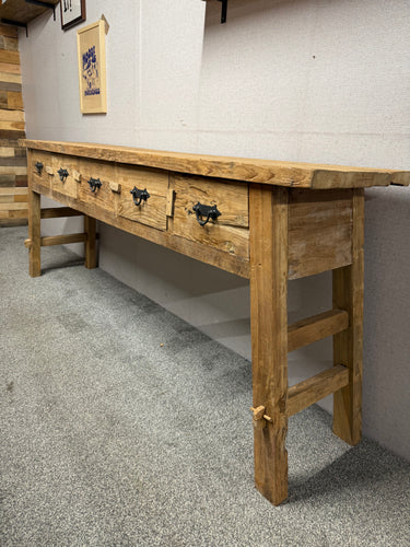 This beautiful rustic wooden console table is structrually sound and great condition. Featuring five spacious drawers, it offers plenty of storage. Its vintage charm will instantly catch the eye and add character to any room. There’s also generous space beneath for wicker baskets or additional storage options.

Delivery Available

Overall Dimensions

200cm wide x 40cm deep x 80cm high 
