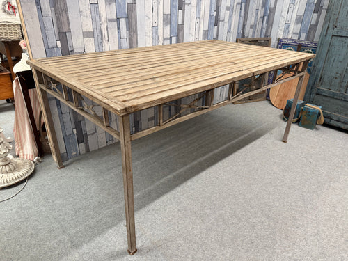 This charming French style dining table is solid and in good condition. It shows a few small marks but nothing too noticeable. One end has some damage that could use a bit of care, but it’s nothing serious. Perfect for indoor or outdoor use, the metal legs are securely fixed and cannot be removed.

Delivery Available

Overall Dimensions

180cm long x 105cm wide x 80cm high
