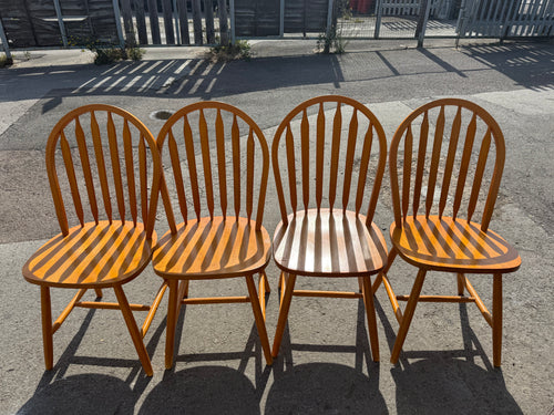 This solid set of four pine dining chairs are sturdy and in good overall shape. While they show some signs of gentle use, the marks are minor and don’t detract from their charm.

Overall Dimensions

approx : 44.5cm wide x 43cm deep x 92.5cm high

DELIVERY AVAILABLE      

HAVE THIS PAINTED A COLOUR OF YOUR CHOICE FOR AN EXTRA £120 OR HAVE IT COMPLETELY STRIPPED BACK FOR JUST £140    

For our other items see our website https://fossewayfurniture.co.uk

collection from our shop at cv36, our collection zone a