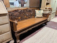 Load image into Gallery viewer, A striking Chinese hardwood bench, carved with intricate detailing. This characterful piece showcases authentic craftsmanship and patina from its history. Structurally sound and ready to serve as a bold focal point in any room. Minor marks reflect its age and add to its authentic appeal. Stunning piece ready for its new home.

Delivery Available

Overall Dimensions

177cm wide x 67cm deep x 85cm high

