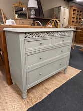 Load image into Gallery viewer, This grey chest of drawers features two short drawers over two long drawers, offering practical storage in a classic French-style design. The grey finish shows signs of use, presenting an ideal canvas for refinishing or embracing as-is for a rustic aesthetic.&nbsp;

Delivery Available

Overall Dimensions

91cm wide x 36cm deep x 75cm high

