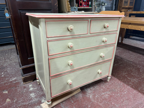 This charming solid pine chest of drawers offers generous storage space with two short dovetail jointed drawers above three longer ones, perfect for organising your belongings neatly. Previously painted, it carries a cozy, lived-in character and would brighten up beautifully with a fresh coat of paint to perfectly match your style. Crafted from durable pine, this piece combines practical storage with timeless appeal.

Overall Dimensions

95cm wide x 49cm deep x 88.5cm high

DELIVERY AVAILABLE      

HAVE TH