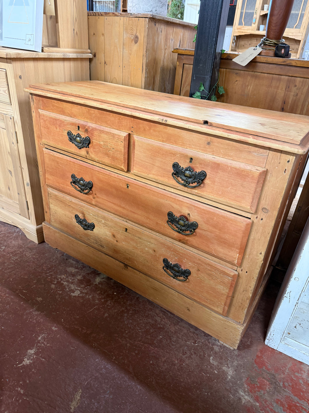 This charming Victorian pine chest of drawers is solidly built and generally well-preserved. While it has a couple of minor issues—two handles need reattaching and a small piece of wood is missing on one side—it remains fully functional. It features two short dovetail jointed drawers above two longer ones, offering ample storage space.

Overall Dimensions

103cm wide x 41cm deep x 77cm high

DELIVERY AVAILABLE      

For our other items see our website https://fossewayfurniture.co.uk

collection from our sh