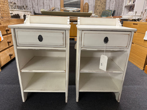This cheerful set of two cream bedside tables showcase a charming distressed look. Each table includes a handy drawer and a shelf, perfect for keeping essentials close at hand.

Delivery Available

Overall Dimensions

40.5cm wide x 34cm deep x 71cm high   
