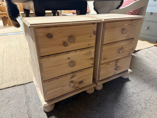 This charming pair of pine bedsides has been fully stripped to reveal the natural wood, making them perfect for adding a protective wax finish. Each bedside features three small drawers, ideal for keeping your essentials neatly tucked away.

Delivery Available

Overall Dimensions

44cm wide x 39cm deep x 59cm high 

