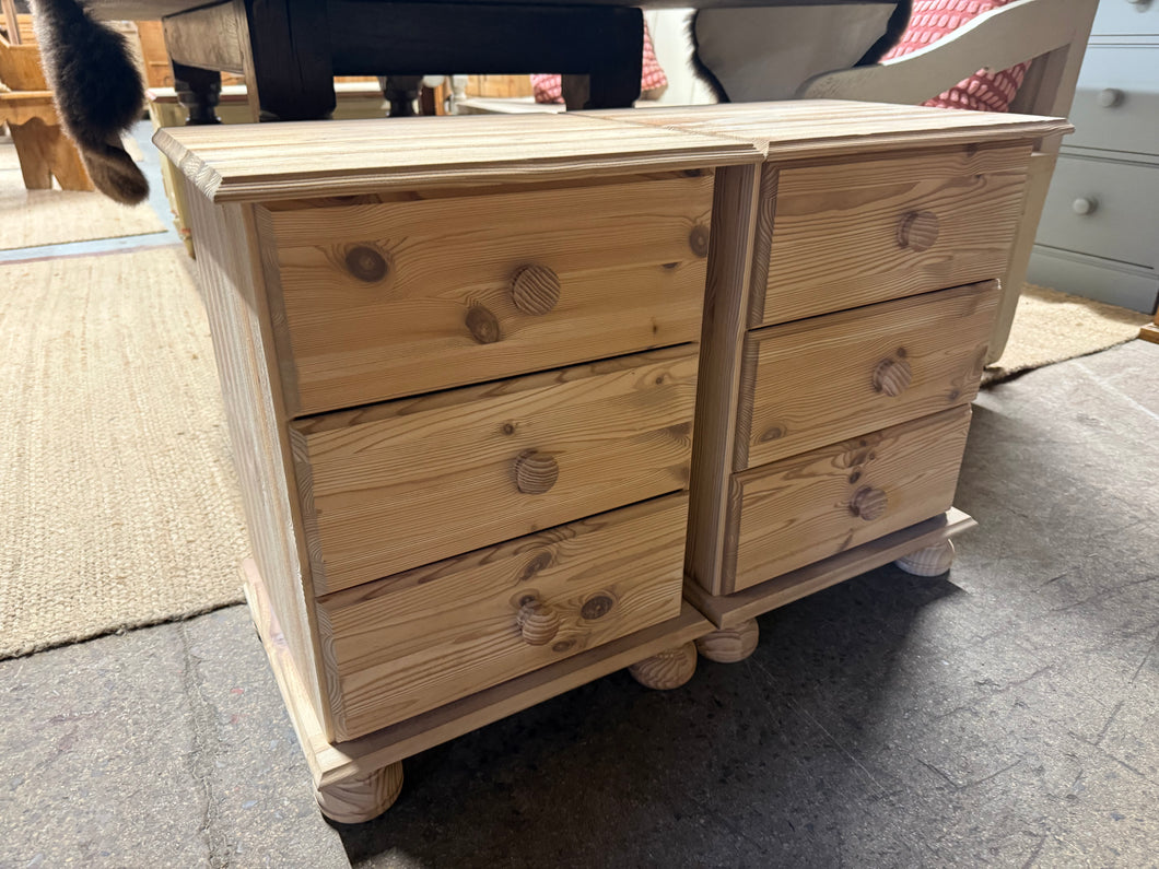 This charming pair of pine bedsides has been fully stripped to reveal the natural wood, making them perfect for adding a protective wax finish. Each bedside features three small drawers, ideal for keeping your essentials neatly tucked away.

Delivery Available

Overall Dimensions

44cm wide x 39cm deep x 59cm high 
