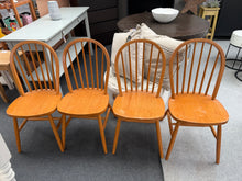 Load image into Gallery viewer, This versatile set of 4 pine dining chairs offers solid construction and good structural integrity, making them ideal for any dining space. Each chair bears minor cosmetic marks that add character and present an excellent opportunity for refinishing or repainting to suit your décor. Perfect for those seeking timeless seating with potential for personalisation.

Delivery Available

Overall Dimensions

approx : 44cm wide x 43cm deep x 90cm high

