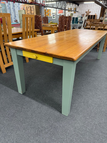 This charming 8ft solid pine dining table is sturdy and in good overall shape. It’s pre-owned, showing some minor marks, but nothing significant. The table features green legs and two yellow drawers, one at each end. With seating for up to 10, it’s ideal for lively get-togethers. Please note, the legs are fixed and cannot be removed.

Overall Dimensions

244cm long x 90cm wide x 76.5cm high

DELIVERY AVAILABLE      

For our other items see our website https://fossewayfurniture.co.uk

collection from our sh