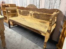 Load image into Gallery viewer, This charming solid wooden settle boasts a beautiful distressed finish that creates a delightful country atmosphere. Perfectly sturdy and well-maintained, this eye-catching piece comfortably accommodates three people, making it an ideal addition to your home. The unique weathered appearance adds character and rustic charm to any space.

Overall Dimensions

175cm wide x 48cm deep x 101.5cm high

DELIVERY AVAILABLE      

For our other items see our website https://fossewayfurniture.co.uk

collection from our
