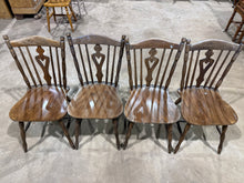 Load image into Gallery viewer, A practical set of 4 wooden dining chairs ideal for restoration enthusiasts. Three chairs are in solid condition, whilst one features a minor leg crack requiring minor attention. All pieces show honest wear consistent with age and use, with surface marks that add character rather than compromise function. An excellent foundation for a furniture project or upcycling venture.

Delivery Available

Overall Dimensions

approx : 44cm wide x 42cm deep x 91.5cm high

