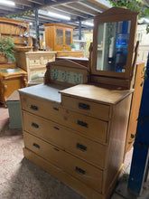 Load image into Gallery viewer, This charming old antique pine chest of drawers is structurally sound and in good condition for its age. It has 1 short dovetail jointed drawer over 3 long for storage. It has a white marble top which can be removed for easier moving. The mirror is in good condition and again can be removed for moving.

Overall Dimensions

96cm wide x 43cm deep x 145cm high to the top of the mirror 

DELIVERY AVAILABLE    

For our other items see our website https://fossewayfurniture.co.uk

collection from cv36 or bs36
