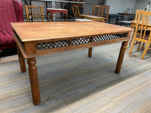 Load image into Gallery viewer, This beautiful, sturdy hardwood dining table is an amazing find! Its strong structure ensures longevity and its overall condition is excellent. Admittedly, some marks exist on the top--but they can be easily sanded away. If needed, the legs can be detached to facilitate transportation.  Overall Dimensions  150cm long x 90cm wide x 76cm high        DELIVERY AVAILABLE      For our other items see our website https://fossewayfurniture.co.uk
