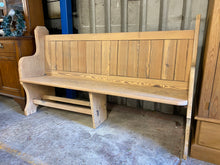 Load image into Gallery viewer, This stunning oak pew has been completely stripped back to its natural state, ridding it of its dark stain. It is natural so may need a coat of wax for protection. It has the odd mark to the wood but nothing major at all. It is structurally sound.

Overall Dimensions

163cm wide x 50cm deep x 96cm high 

DELIVERY AVAILABLE    

For our other items see our website https://fossewayfurniture.co.uk

collection from cv36 or bs36

