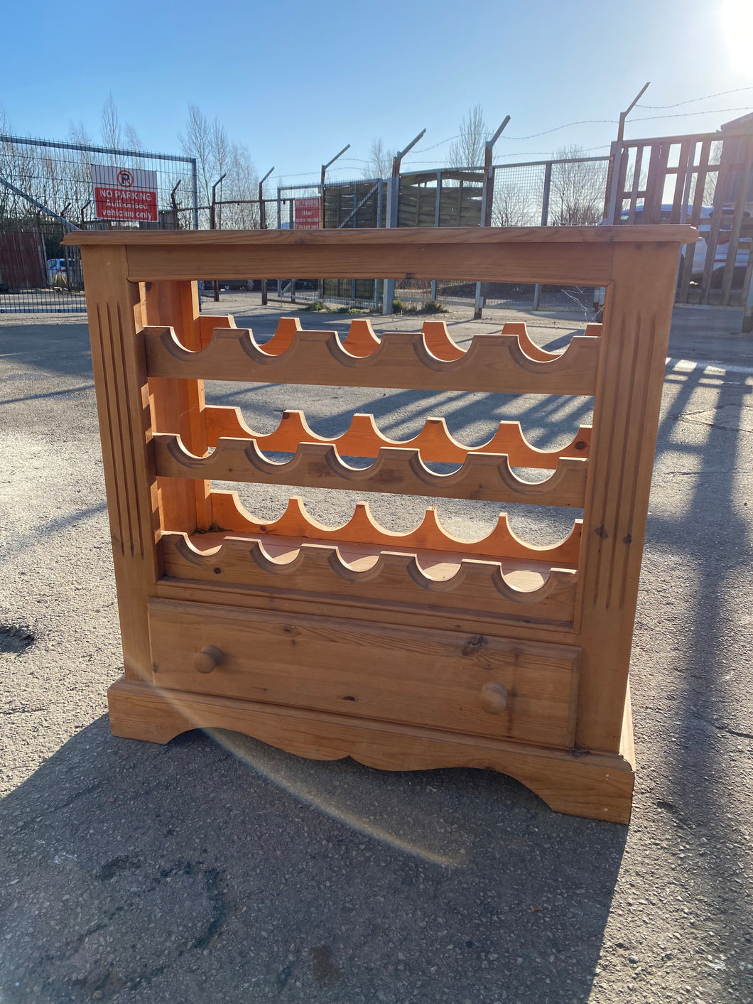 This sweet solid pine wine rack is structurally sound and In overall good condition. It does have some marks and a little bit of damage to the top corner but nothing major. This holds 15 bottles and has a long drawer for storage.

Overall Dimensions

79cm wide x 31cm deep x 78cm

DELIVERY AVAILABLE    

HAVE THIS PAINTED A COLOUR OF YOUR CHOICE FOR AN EXTRA £70 OR COMPLETELY STRIPPED BACK FOR £80 

For our other items see our website https://fossewayfurniture.co.uk

collection from cv36 or bs36
