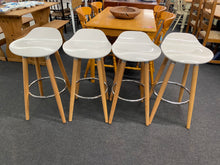 Load image into Gallery viewer, This set of 4 stools are all structurally sound and in good condition. There are a few marks but nothing major at all. These would be ideal for a breakfast bar or garden bar.

Overall Dimensions

approx : 39cm wide x 40cm deep x 81cm high 

DELIVERY AVAILABLE    

For our other items see our website https://fossewayfurniture.co.uk

collection from cv36 or bs36
