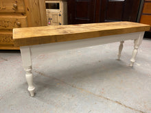 Load image into Gallery viewer, This rustic solid wooden dining bench is structurally sound and in overall good condition. It is used so does have some minor marks but nothing major at all. Can seat 2-3 people easily.

Overall Dimensions

122cm long x 31cm wide x 48cm high 

DELIVERY AVAILABLE    

For our other items see our website https://fossewayfurniture.co.uk

collection from cv36 or bs36

