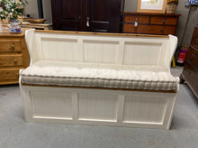 Load image into Gallery viewer, This stunning country style two tone bench / pew is structurally sound and in overall good condition. It is used and does have some marks but nothing too major. The seat lifts up to reveal ample storage

Overall Dimensions

152cm wide x 46cm deep x 92cm high 

DELIVERY AVAILABLE    

For our other items see our website https://fossewayfurniture.co.uk

collection from cv36 or bs36

