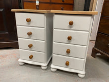 Load image into Gallery viewer, This delightful duo of solid pine bedsides are both structurally sound and in great condition. Each unit has 4 short drawers for storage. They are used so may have some minor marks but nothing too major

Overall Dimensions

45cm wide x 45cm deep x 75cm high 

DELIVERY AVAILABLE    

For our other items see our website https://fossewayfurniture.co.uk

collection from cv36 or bs36

