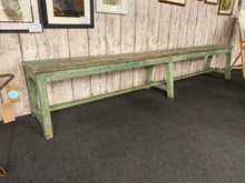 Load image into Gallery viewer, This stunning Indian green distressed bench is structurally sound and in overall good condition. It does have some marks but this is expected. It would be ideal in a hallway or boot room.

Overall Dimensions

255cm long x 31cm wide x 45cm high 

DELIVERY AVAILABLE    

For our other items see our website https://fossewayfurniture.co.uk

collection from cv36 or bs36

