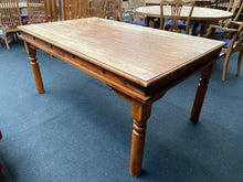 Load image into Gallery viewer, Get ready to be amazed by this incredible large wooden table. Its sturdy structure and good condition make it a must-have for any home. Although there may be some fading on the top, a quick sanding will restore it to its original beauty. Plus, the removable legs make it a breeze to move. Don&#39;t miss out on this stunning table that will add a touch of style and functionality to your space!  Overall Dimensions  167cm long x 99cm wide x 77cm high       
