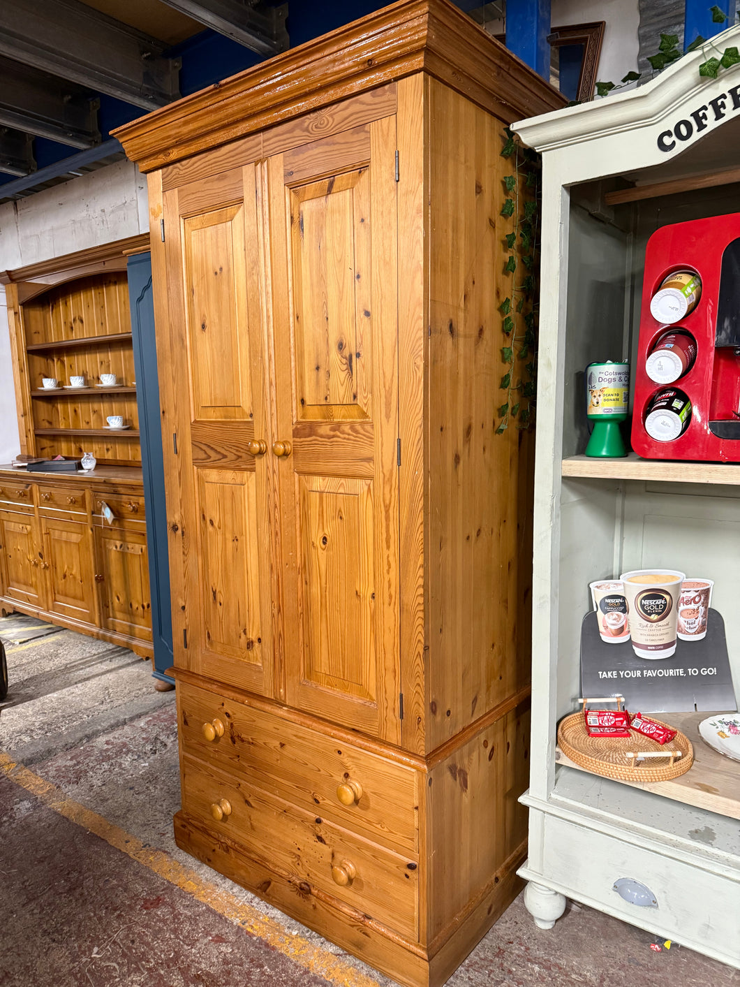 This sweet pine wardrobe is structurally sound and in overall good condition. It does have some marks but nothing major at all. It has 1 hanging rail and 2 dovetail jointed drawers for storage. This item comes into 3 for easier moving.

Overall Dimensions

92cm wide x 60cm deep x 186.5cm high

DELIVERY AVAILABLE    

HAVE THIS PAINTED A COLOUR OF YOUR CHOICE FOR AN EXTRA £100 OR COMPLETELY STRIPPED BACK FOR £125 

For our other items see our website https://fossewayfurniture.co.uk

collection from cv36 or b