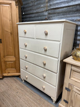 Load image into Gallery viewer, This solid pine tall chest of drawers is structurally sound and In overall good condition. It does have a few marks but nothing too major at all. It has 2 short dovetail jointed drawers over 4 long for storage.

Overall Dimensions

96cm wide x 48cm deep x 129.5cm high

DELIVERY AVAILABLE    

HAVE THIS PAINTED A COLOUR OF YOUR CHOICE FOR AN EXTRA £80 OR COMPLETELY STRIPPED BACK FOR £100 

For our other items see our website https://fossewayfurniture.co.uk

collection from cv36 or bs36

