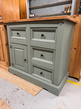 Load image into Gallery viewer, This sweet pine sideboard has been painted in &#39;serenity&#39; by Rustoleum with the top sanded and waxed. It has 4 short drawers and a single cupboard for storage. It is used and does have some marks but nothing major at all.

Overall Dimensions

92cm wide x 44cm deep x 84cm high

DELIVERY AVAILABLE    

For our other items see our website https://fossewayfurniture.co.uk

collection from cv36 or bs36

