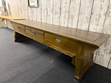 Load image into Gallery viewer, This stunning oriental style bench is structurally sound and in overall good condition. Unfortunately it does have a few marks but nothing too major. It has 3 drawers for storage

Overall Dimensions

187cm wide x 48cm deep x 48cm high

DELIVERY AVAILABLE    

For our other items see our website https://fossewayfurniture.co.uk

collection from cv36 or bs36

