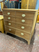 Load image into Gallery viewer, Experience the beauty and functionality of this sturdy Stripped Mahogany Chest Of Drawers. With ample storage space, including 2 short drawers and 3 long drawers, this piece is perfect for organizing your belongings. Although one leg may need slight adjustment, this chest is in excellent condition overall and will make a stunning addition to your home. 
