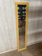 Load image into Gallery viewer, This sturdy, slender, high-profile mirror is generally in good condition, with the exception of a minor hole located in the upper center. Despite this, it does not affect its use. The piece has been painted a vibrant shade of yellow designated as &#39;Hot As Mustard&#39; by Frenchic.  Overall Dimensions  31.5cm wide x 141.5cm high  
