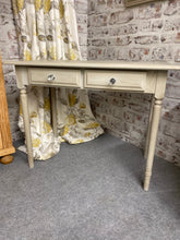 Load image into Gallery viewer, Experience the stunning beauty and durability of our console table, expertly crafted and in pristine condition. With a charming beige color and a richly applied browning wax for a vintage touch, this piece also offers convenient storage with 2 short drawers  
