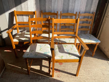 Load image into Gallery viewer, This delightful collection of 6 pine chairs offers 4 sturdy uprights and 2 sleek carvers. All six pieces are structurally sound and in excellent condition, with pretty floral seats that could be easily reupholstered to fit your preference.  Overall Dimensions  uprights : 49cm wide x 44cm deep x 99cm high       
