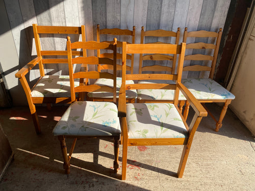 This delightful collection of 6 pine chairs offers 4 sturdy uprights and 2 sleek carvers. All six pieces are structurally sound and in excellent condition, with pretty floral seats that could be easily reupholstered to fit your preference.  Overall Dimensions  uprights : 49cm wide x 44cm deep x 99cm high       