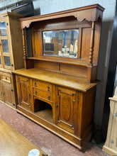 Load image into Gallery viewer, This gorgeous oak dresser / large chiffonier is structurally sound and in overall good condition. It does have ample storage with 2 dovetail jointed drawers and 2 cupboards. The top does come away from the base for easier moving.   Overall Dimensions  153cm wide x 48cm deep x 179cm high   

