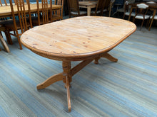Load image into Gallery viewer, This sturdy pine dining table has a solid structure. Though pre-loved and requiring a bit of love and attention, it&#39;s a surefire way to make it feel like new again. Unfortunately, the extendable middle section is missing.  Delivery Available  Overall Dimensions  160cm long x 104cm wide x 75cm high      
