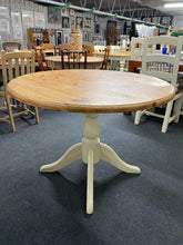 Load image into Gallery viewer, This pine round table is structurally sound and in good condition. It is used and does have some marks but nothing too major at all. The top does come away from the base for easier moving. This table can easily seat 4 - 6 people.

Overall Dimensions

approx : 107cm diameter x 77cm high

DELIVERY AVAILABLE    

HAVE THIS PAINTED A COLOUR OF YOUR CHOICE FOR AN EXTRA £80 OR COMPLETELY STRIPPED BACK FOR £100 

For our other items see our website https://fossewayfurniture.co.uk

collection from cv36 or bs36
