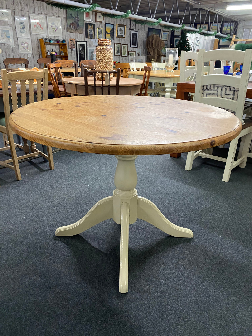 This pine round table is structurally sound and in good condition. It is used and does have some marks but nothing too major at all. The top does come away from the base for easier moving. This table can easily seat 4 - 6 people.

Overall Dimensions

approx : 107cm diameter x 77cm high

DELIVERY AVAILABLE    

HAVE THIS PAINTED A COLOUR OF YOUR CHOICE FOR AN EXTRA £80 OR COMPLETELY STRIPPED BACK FOR £100 

For our other items see our website https://fossewayfurniture.co.uk

collection from cv36 or bs36