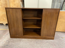 Load image into Gallery viewer, This sweet very useful cupboard would be ideal as use as a bookcase. It has 2 single cupboards each with 2 shelves in, and 2 shelves in the middle section. This item is structurally sound and in overall good condition.   Overall Dimensions  141cm wide x 37.5cm deep x 97cm high
